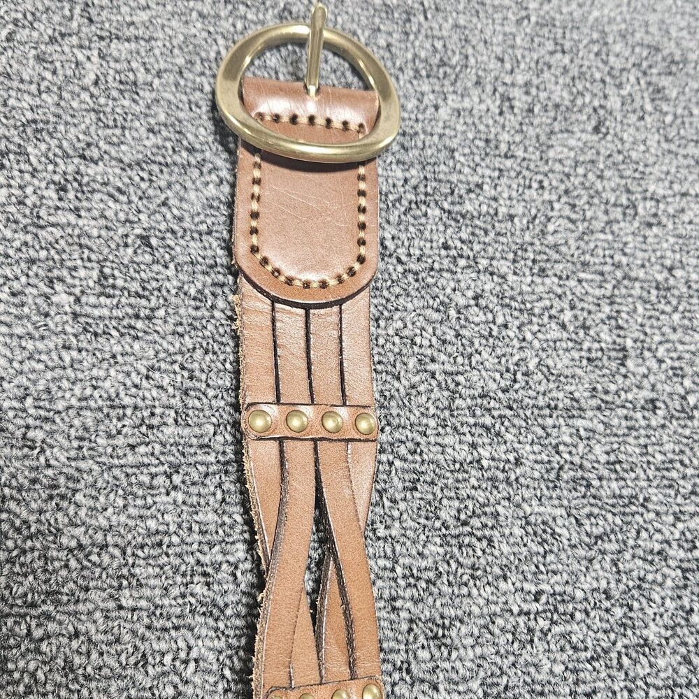 Braided Leather Womens Belt Whiskey Brass Buckle Thick Riveted 35.25"x1.5" - Picture 3 of 7